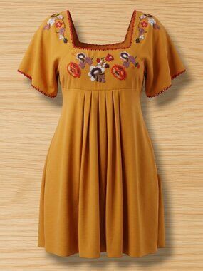 Madewell Yellow Floral Embroidered Square Neck Babydoll Dress M